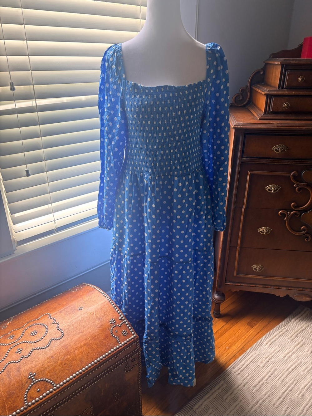 Anthropologie Blue Polka Dot Smocked Midi Dress